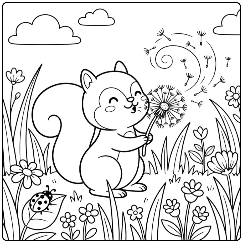 Squirrel coloring page blowing dandelion seeds in grass