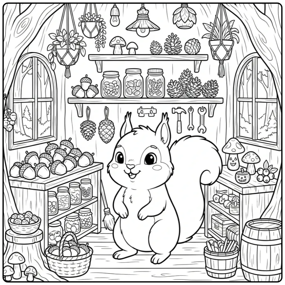 Detailed squirrel coloring page running a forest shop