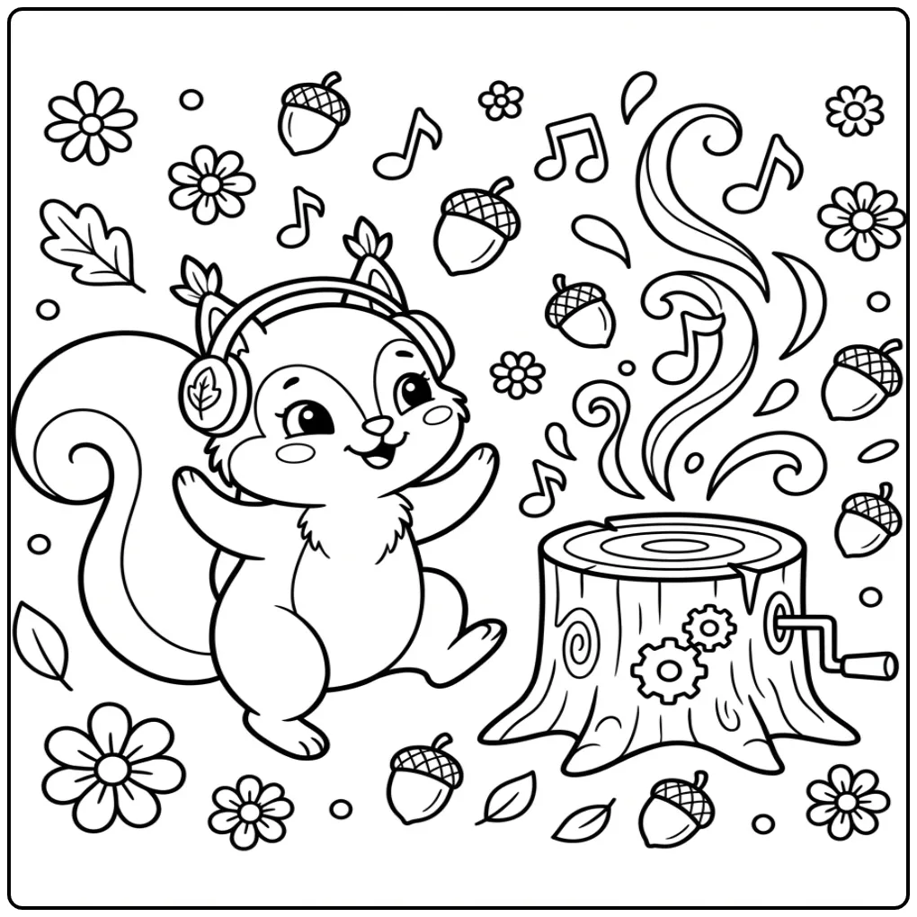 Cute squirrel coloring page dancing with leaf headphones