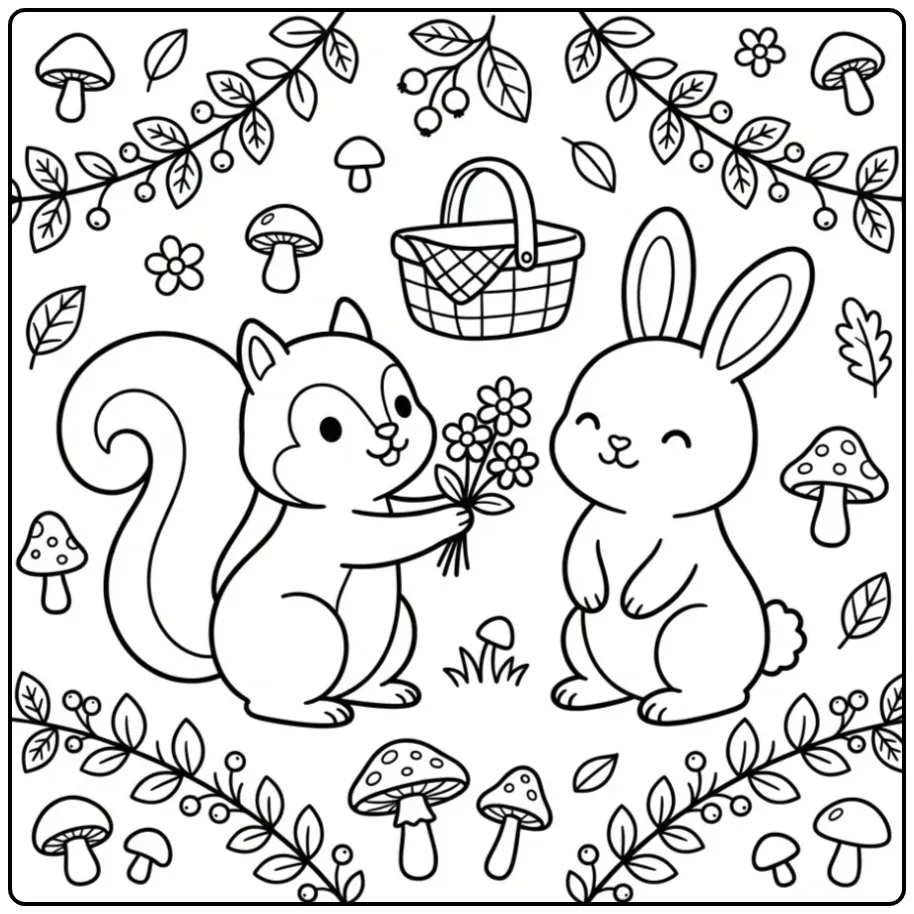 Cute squirrel coloring page having a picnic with a rabbit