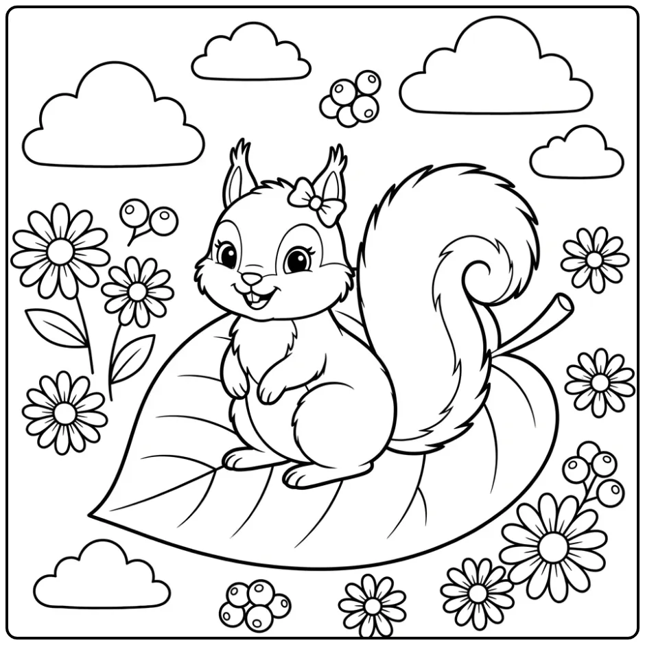 Cute squirrel coloring page on a heart-shaped leaf