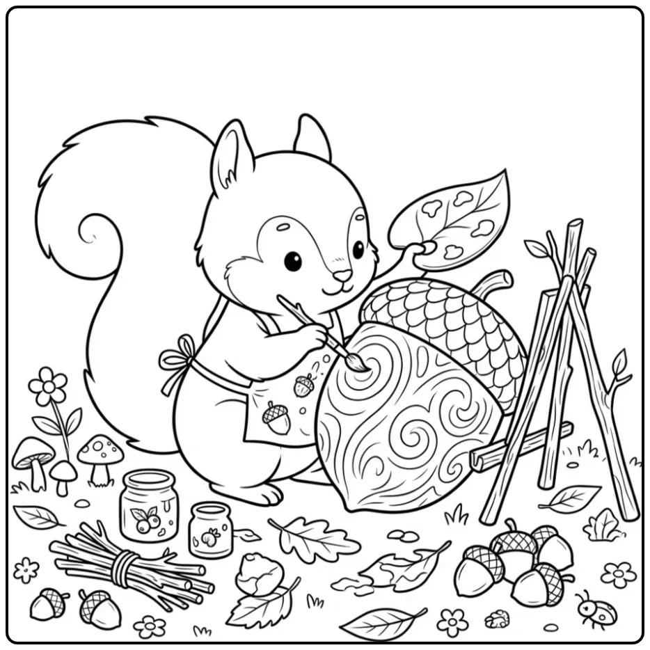 Squirrel coloring page painting a giant acorn