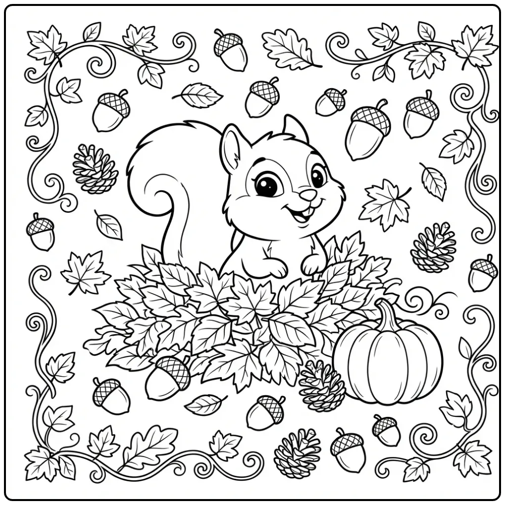 Autumn squirrel coloring page jumping through leaves