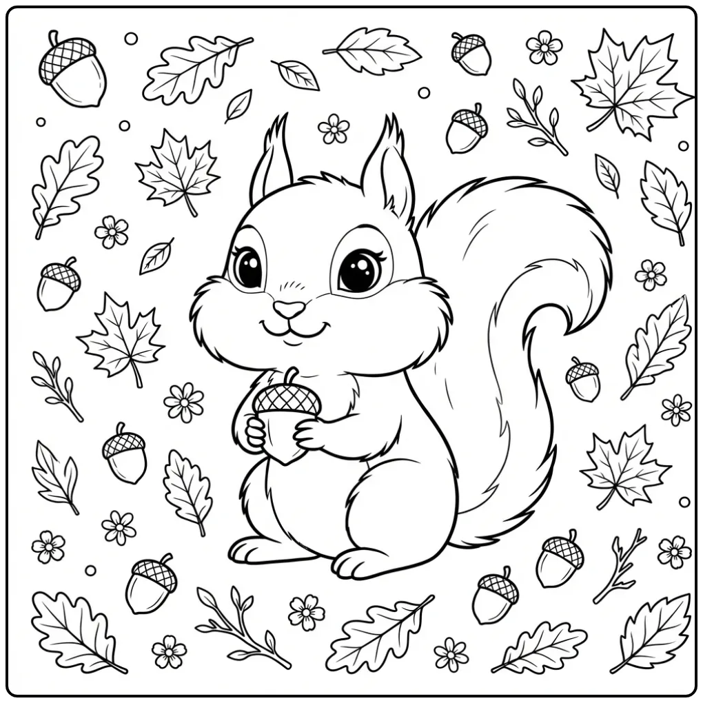 Little squirrel coloring page inside an autumn wreath