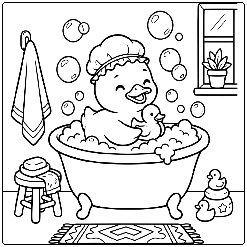 Duck coloring page in a bathtub with bubbles