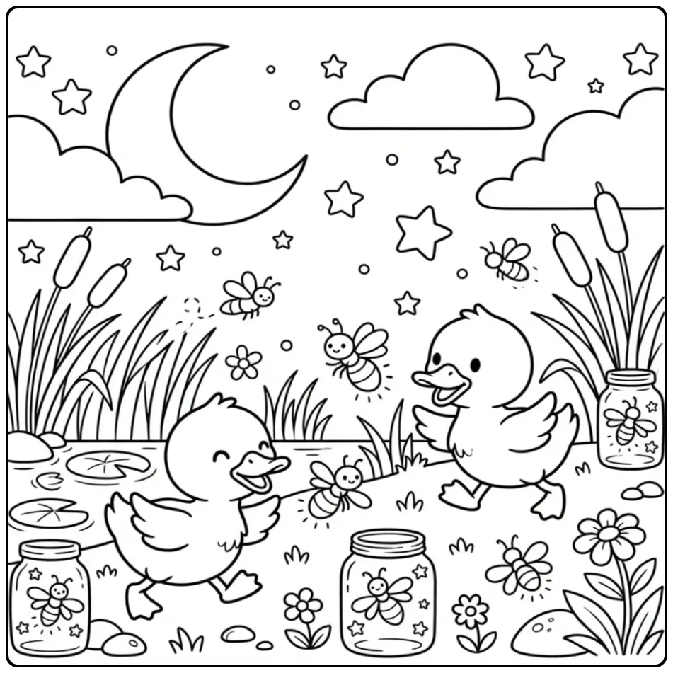 Duck coloring page with ducklings and fireflies