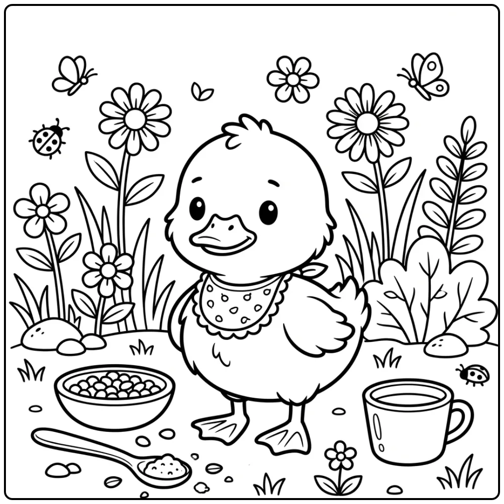 Baby duck coloring page with a bib and seeds