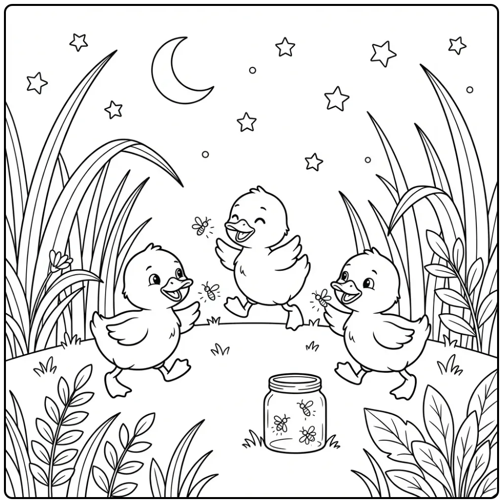 Ducklings coloring page playing with fireflies and a jar