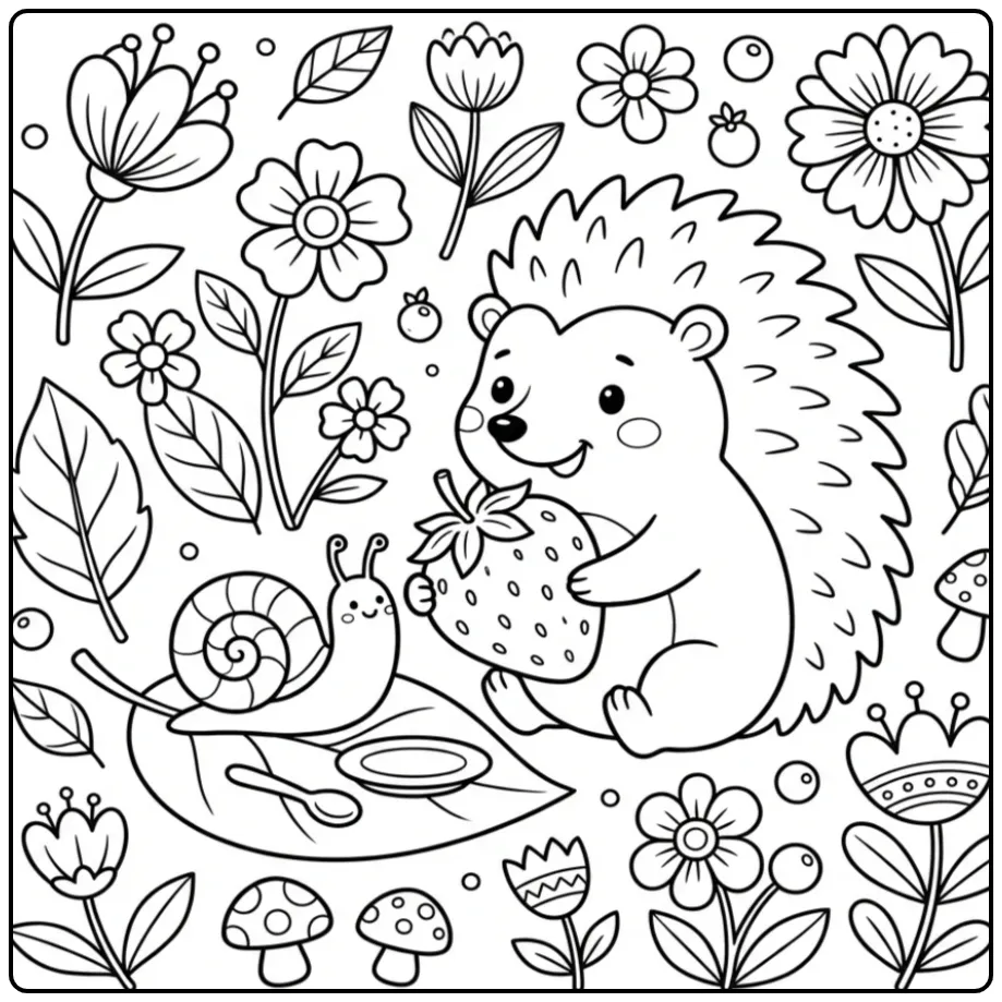 Cute hedgehog coloring page sharing a strawberry with a snail