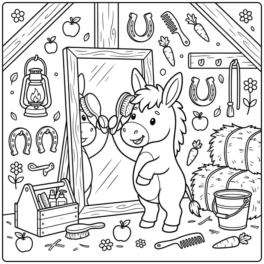 Donkey coloring page by a mirror in the stable