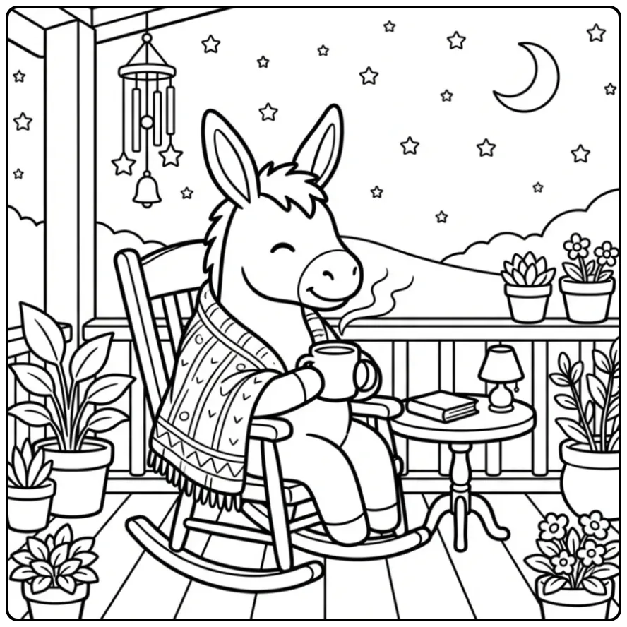 Donkey coloring page on a porch with a warm blanket