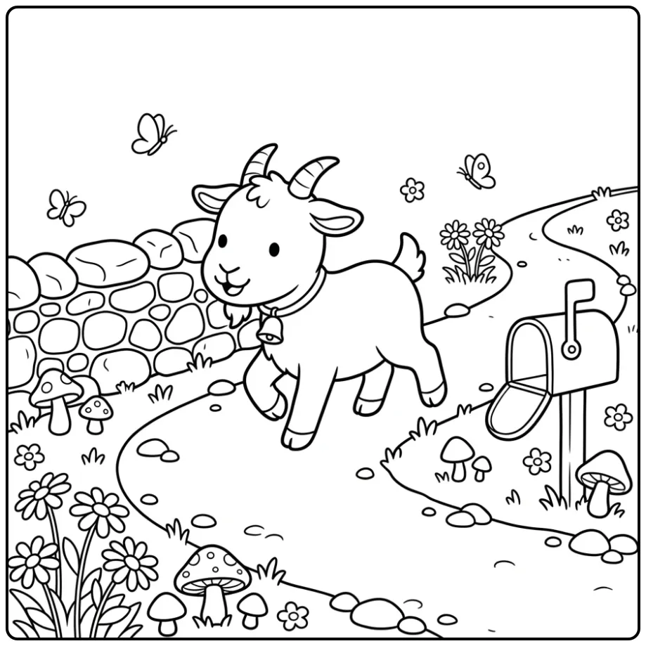 Cute goat coloring page with a bell on a country path