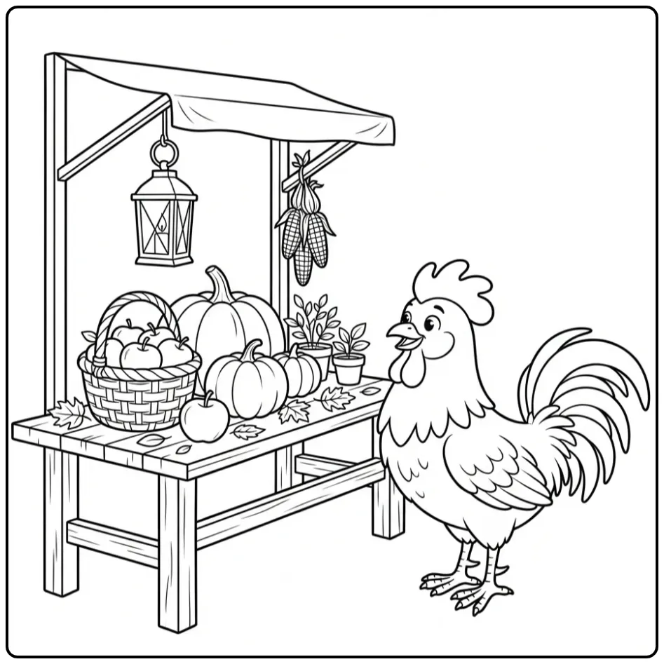 Rooster coloring page by a market stall with pumpkins