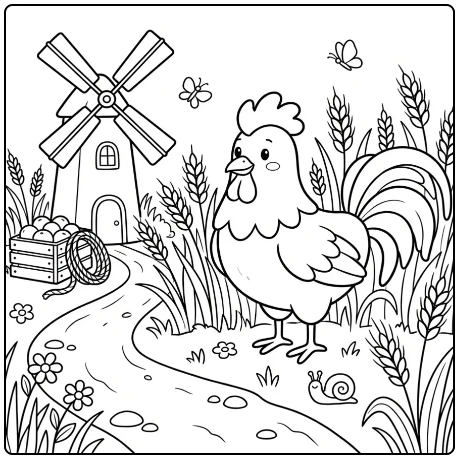 Rooster coloring page by a windmill in a wheat field