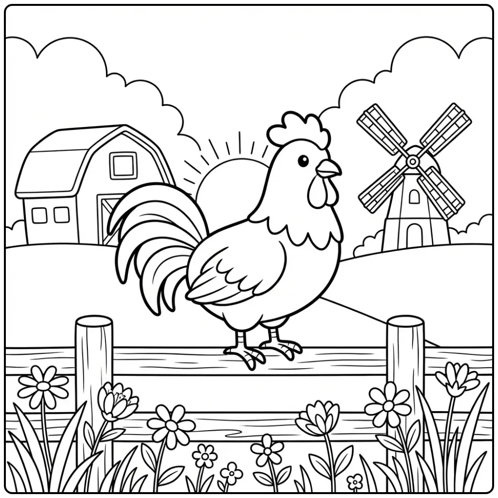 Rooster coloring page by a farm and windmill