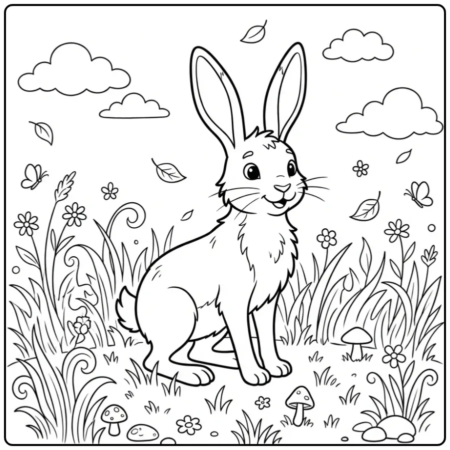 Hare coloring page in a windy grass field
