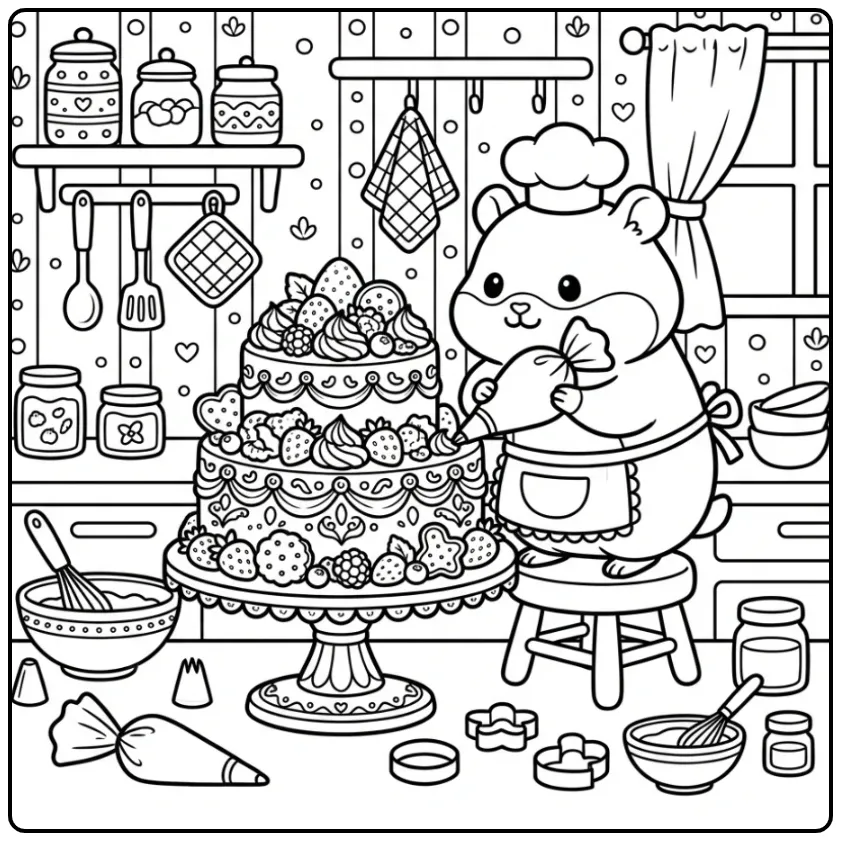Difficult Hamster coloring page baker decorating a large cake