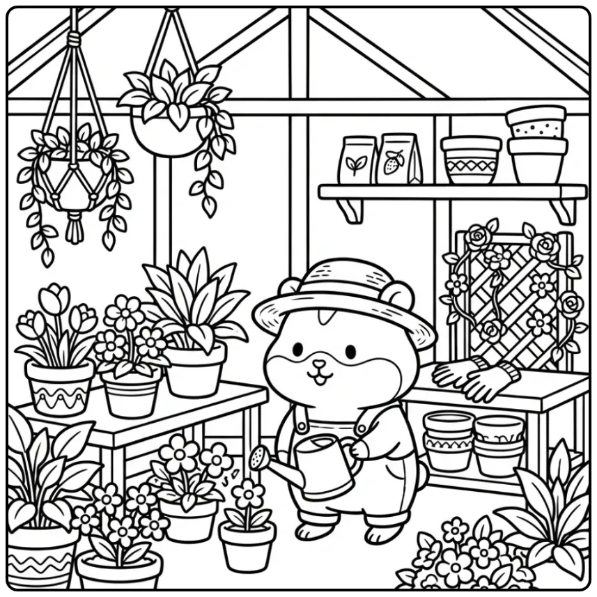 Difficult Hamster coloring page with a watering can