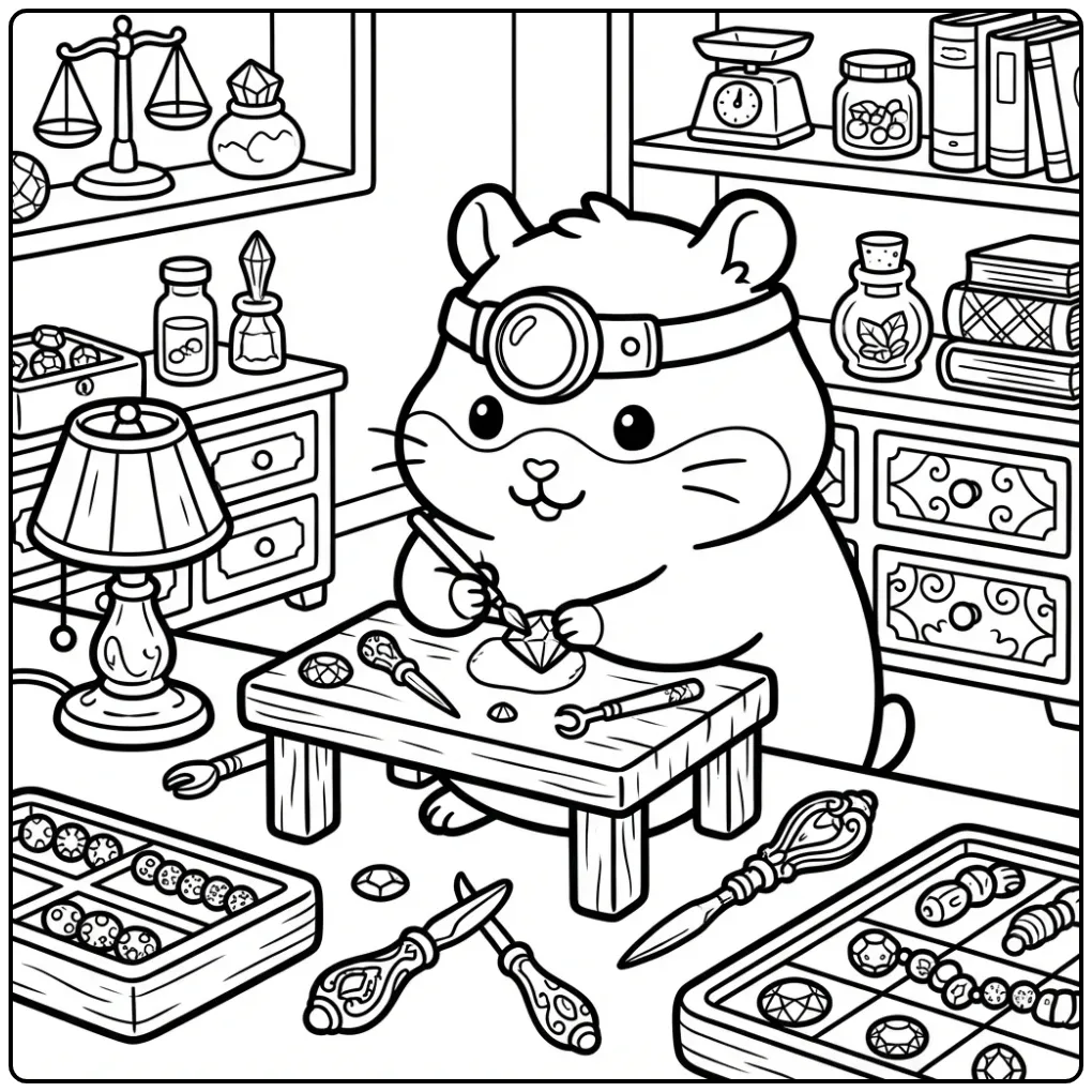 Difficult Hamster coloring page jeweler with gemstone and tools