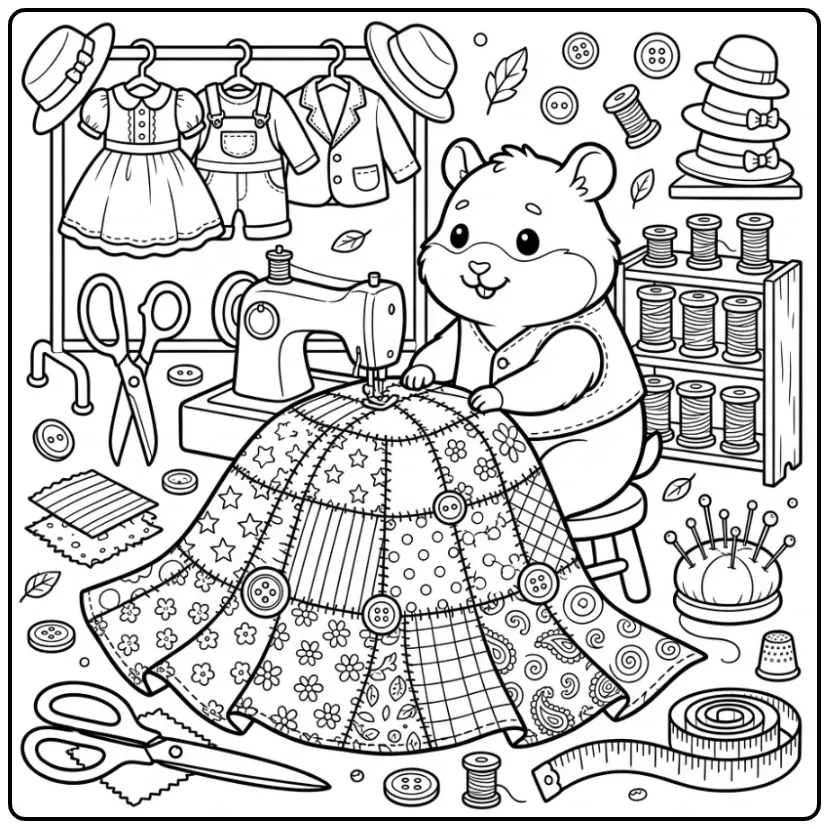 Difficult Hamster coloring page tailor with fabric and thread