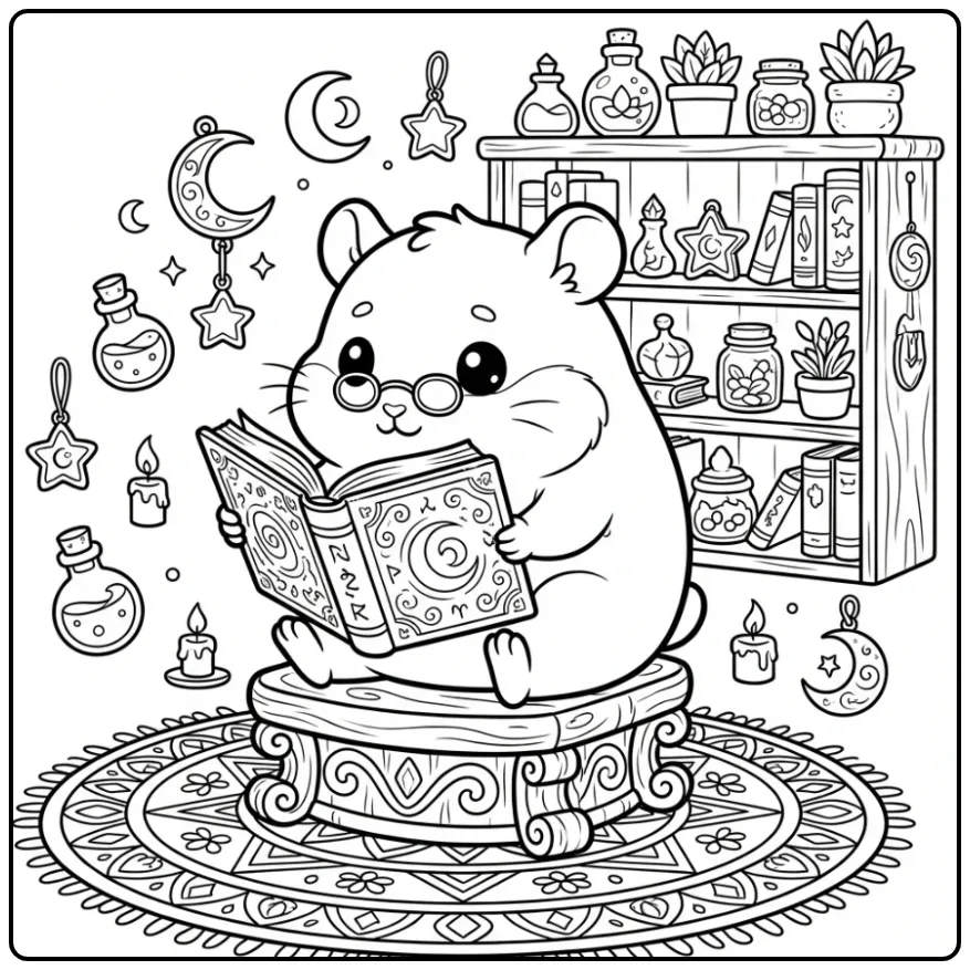 Difficult Hamster coloring page reading a spellbook