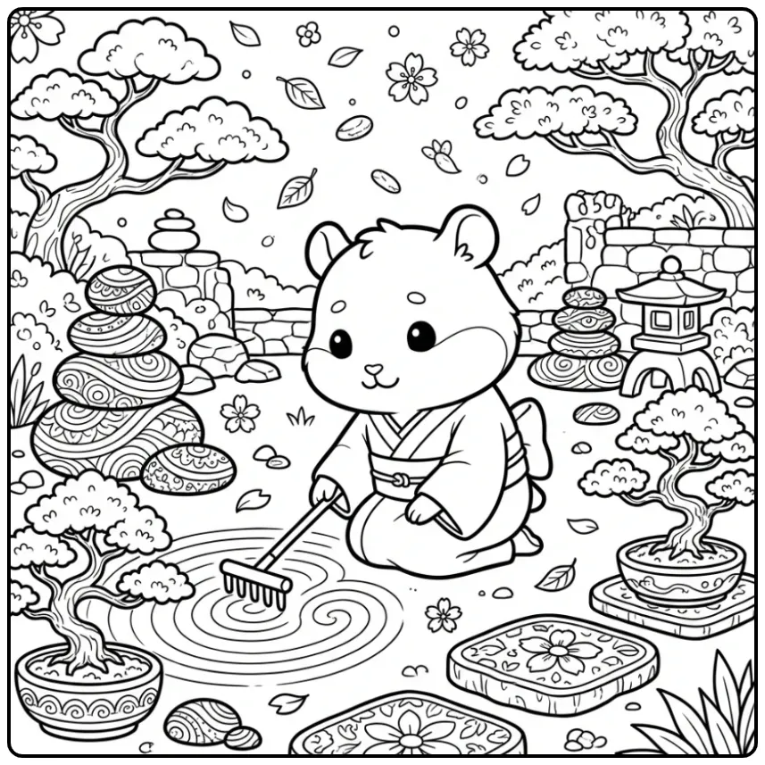 Difficult Hamster coloring page with rake and stones