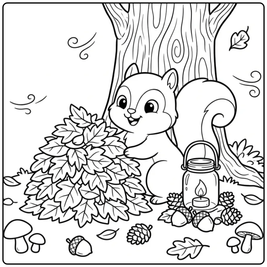 Autumn squirrel coloring page building a leaf fort
