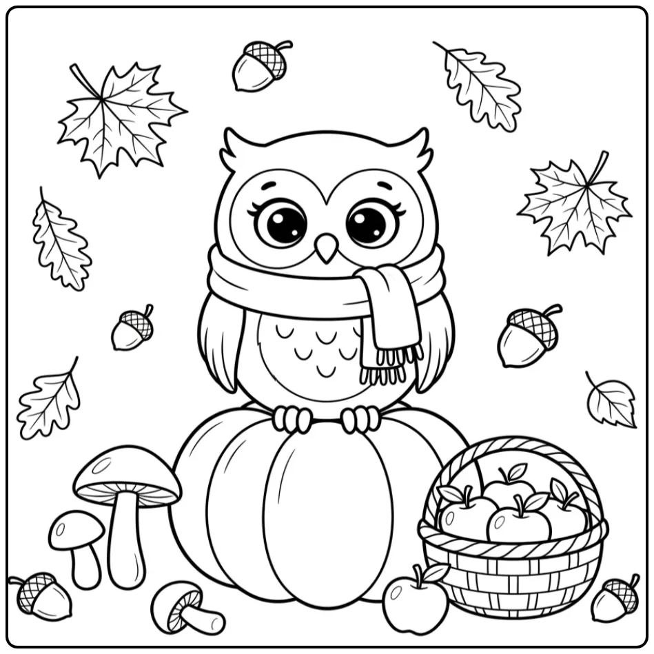 Autumn owl coloring page with a scarf on a pumpkin