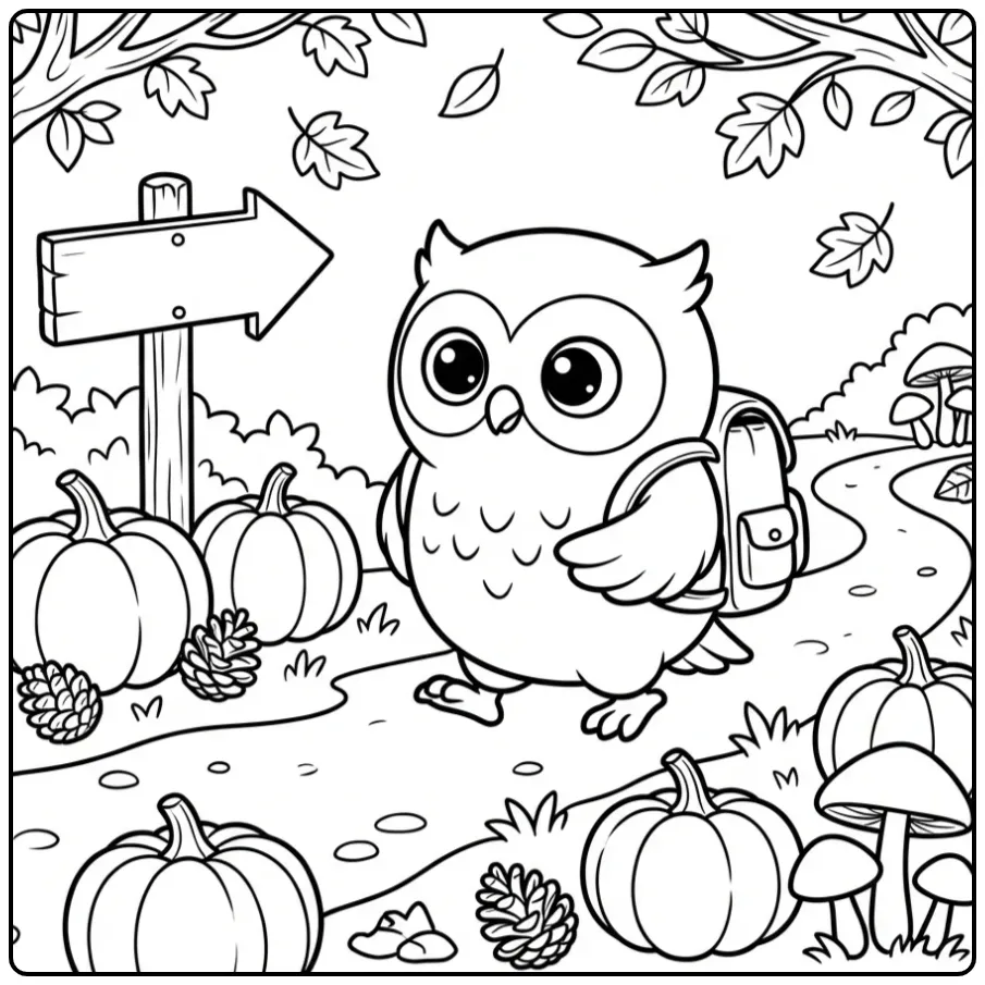 Autumn owl coloring page with a backpack