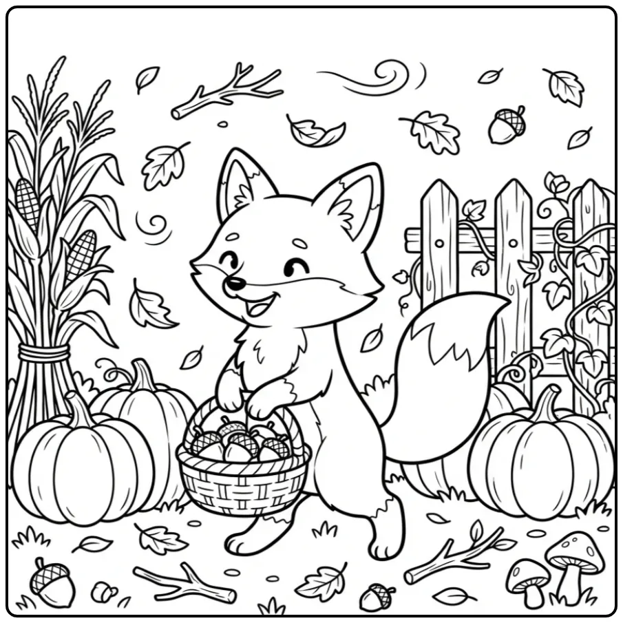 Autumn fox coloring page with a basket of acorns