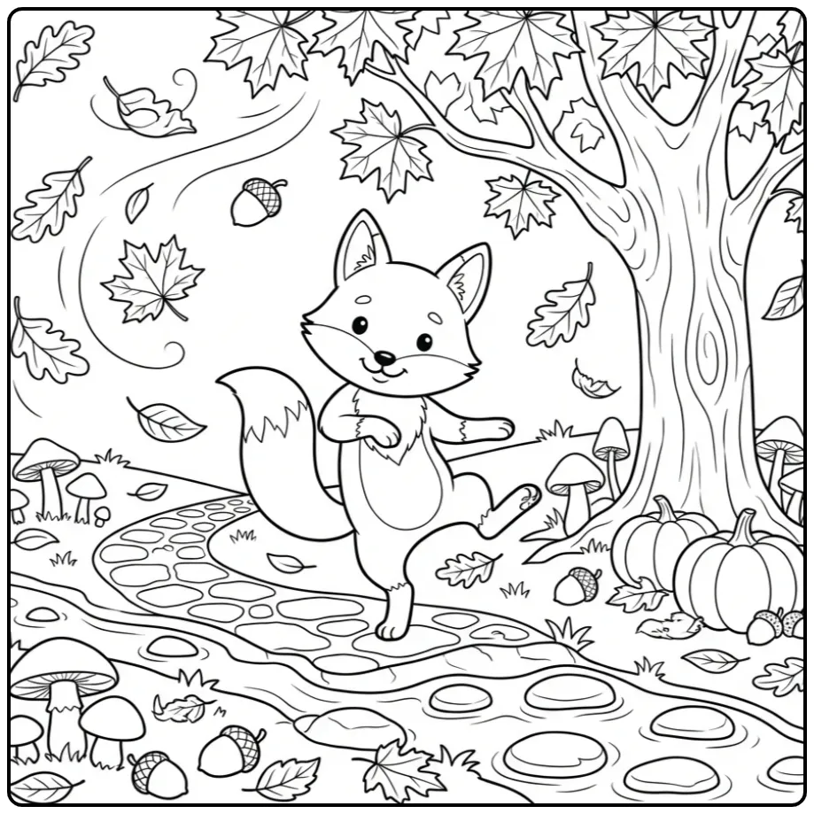 Autumn fox coloring page dancing under a tree
