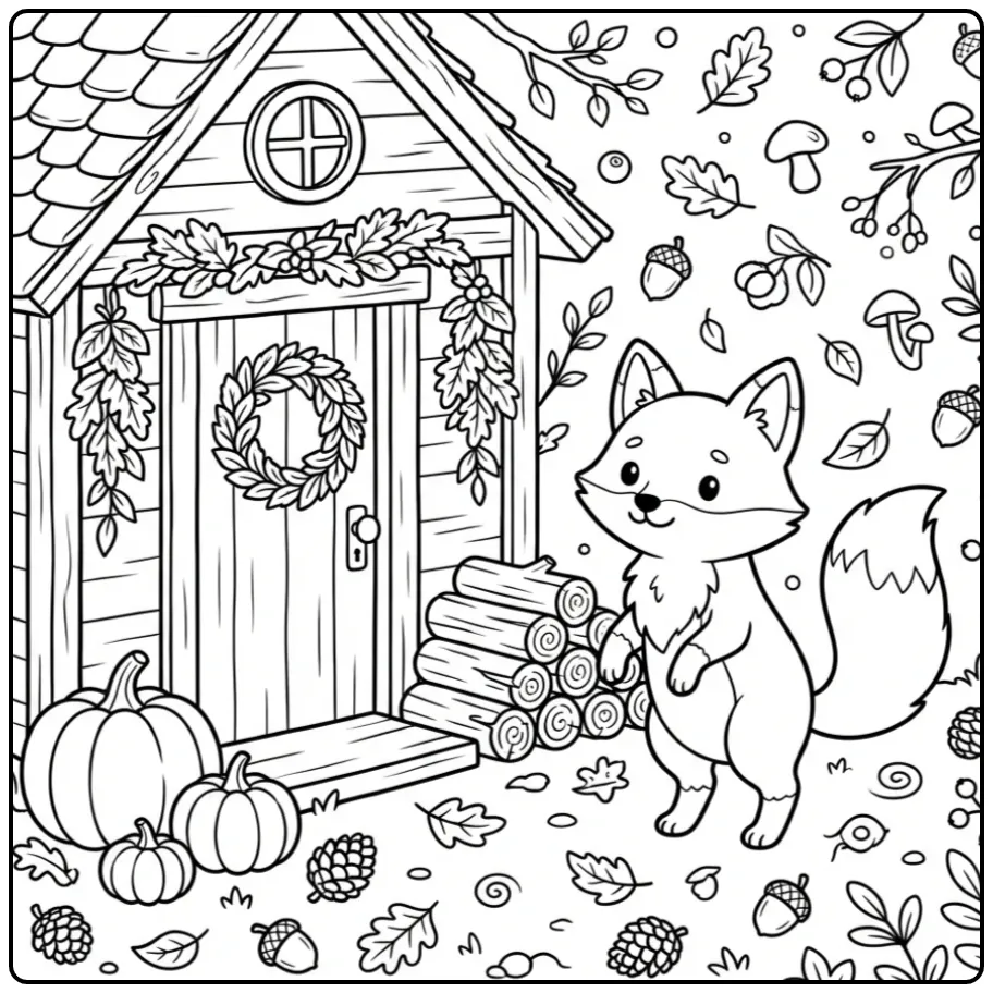 Autumn fox coloring page by a forest cabin