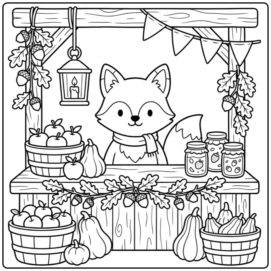 Autumn fox coloring page by a market stall