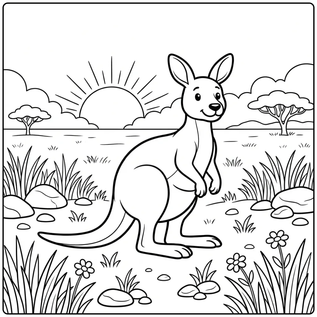 Kangaroo coloring page in grass at sunrise
