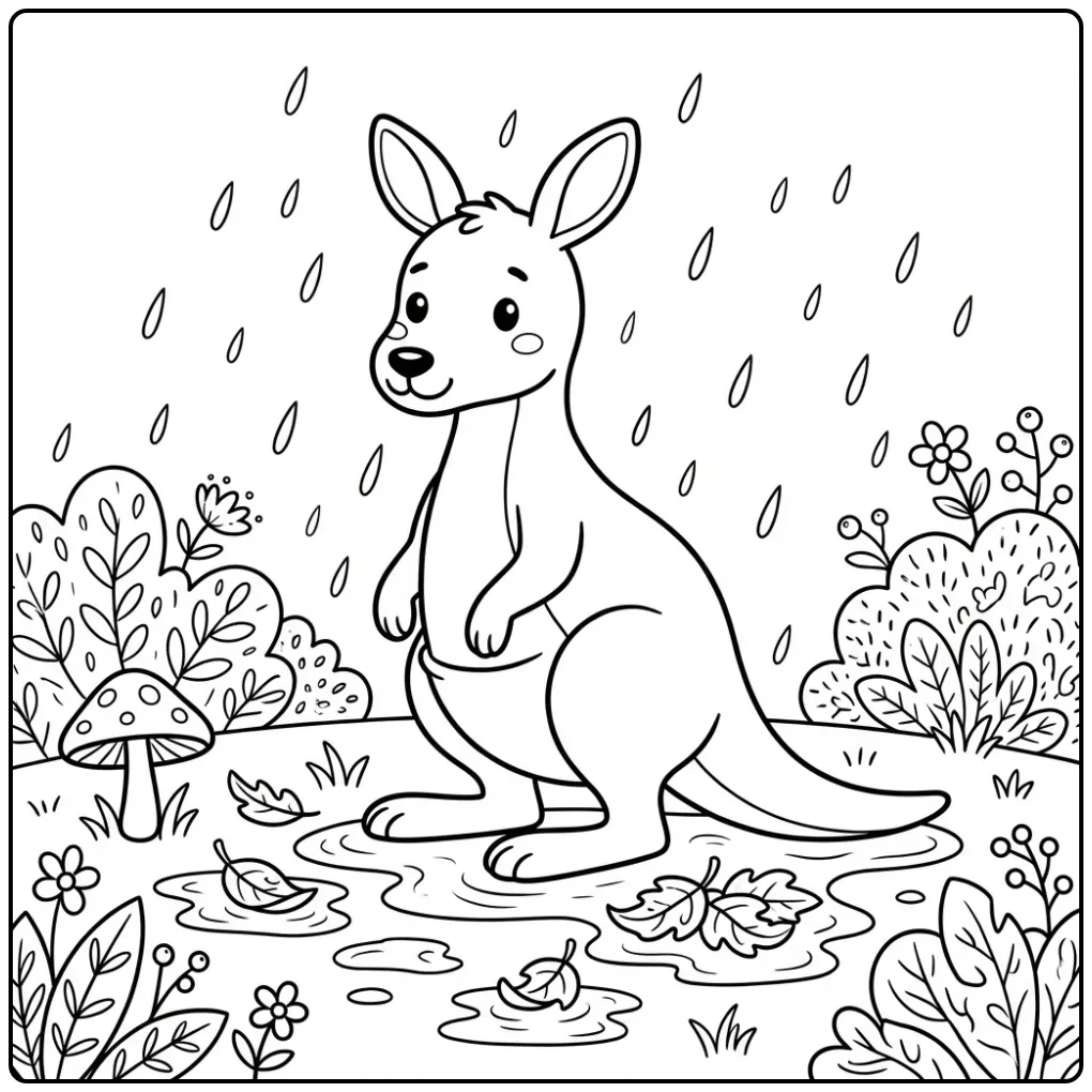 Kangaroo coloring page in the rain with an umbrella mushroom