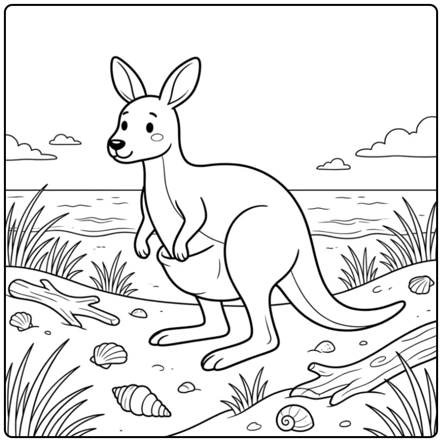 Kangaroo coloring page walking over a sand dune