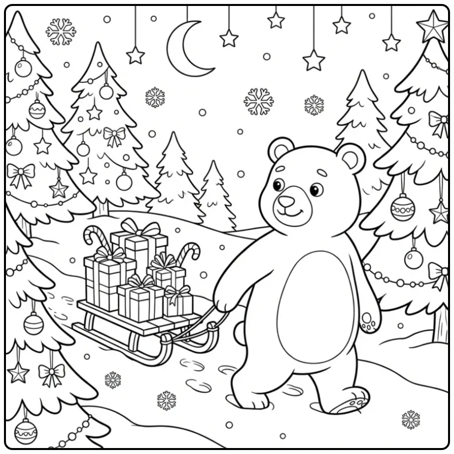 Christmas bear coloring page pulling a sled full of presents