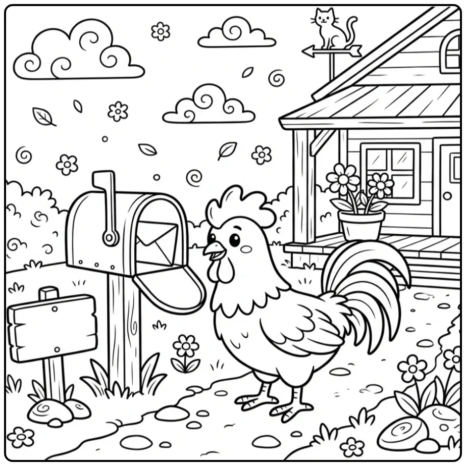 Rooster coloring page investigating a farm mailbox