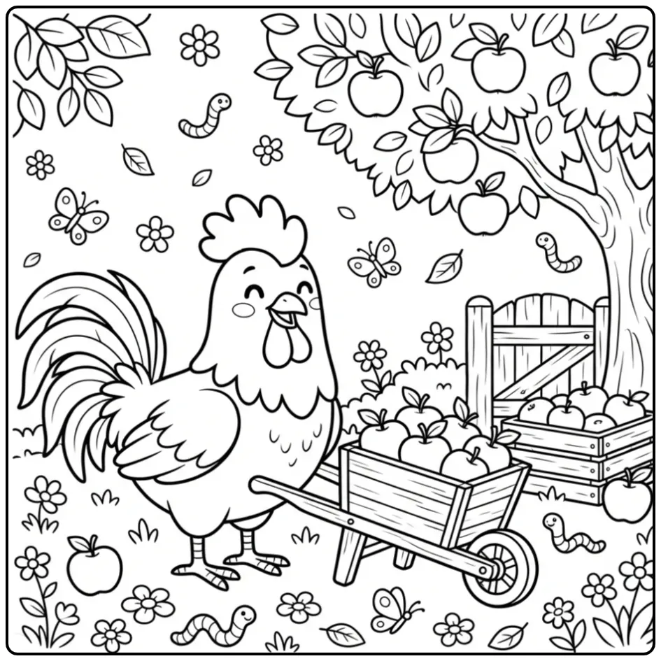 Rooster coloring page with apples in an orchard