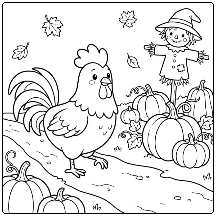Autumn rooster coloring page walking past pumpkins