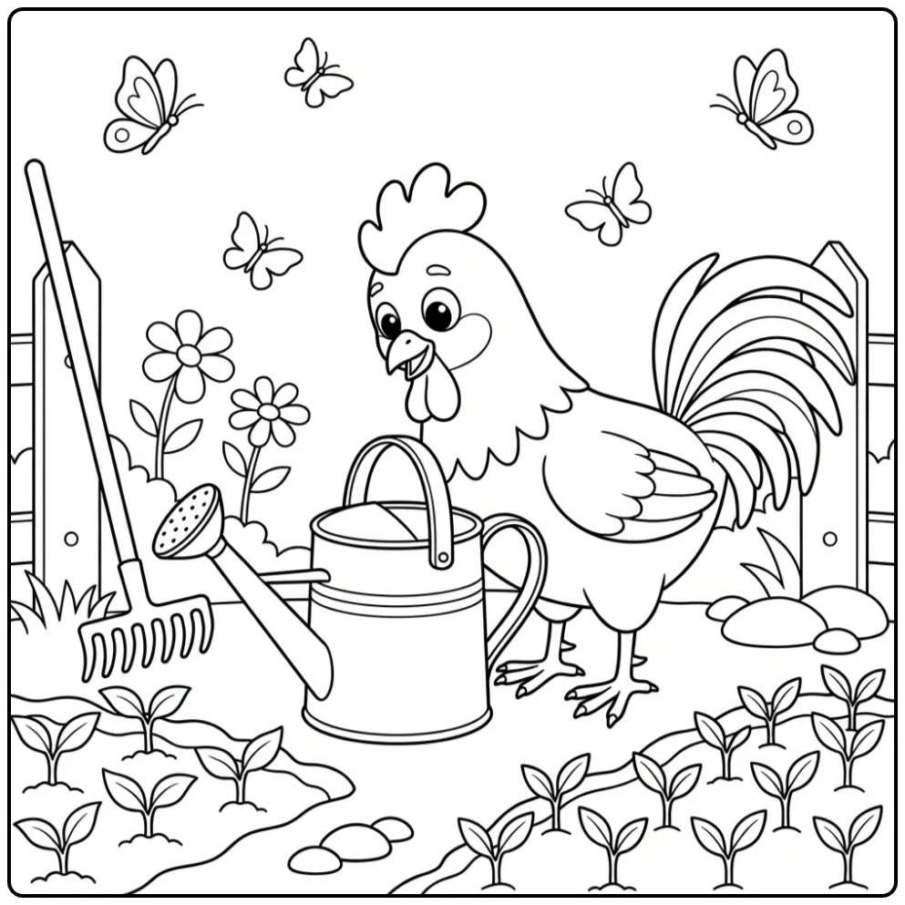 Rooster coloring page in a garden with a watering can