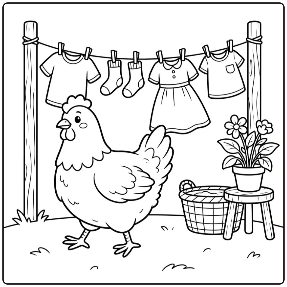 Chicken coloring page beside a clothesline and laundry basket