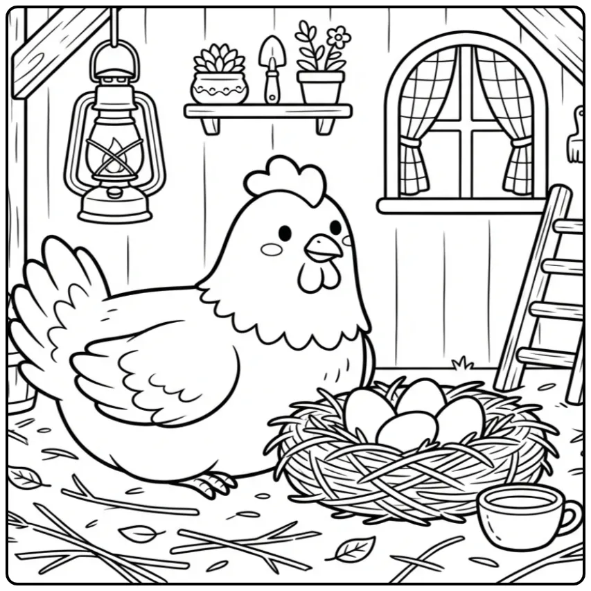 Chicken coloring page inside a cozy coop with straw