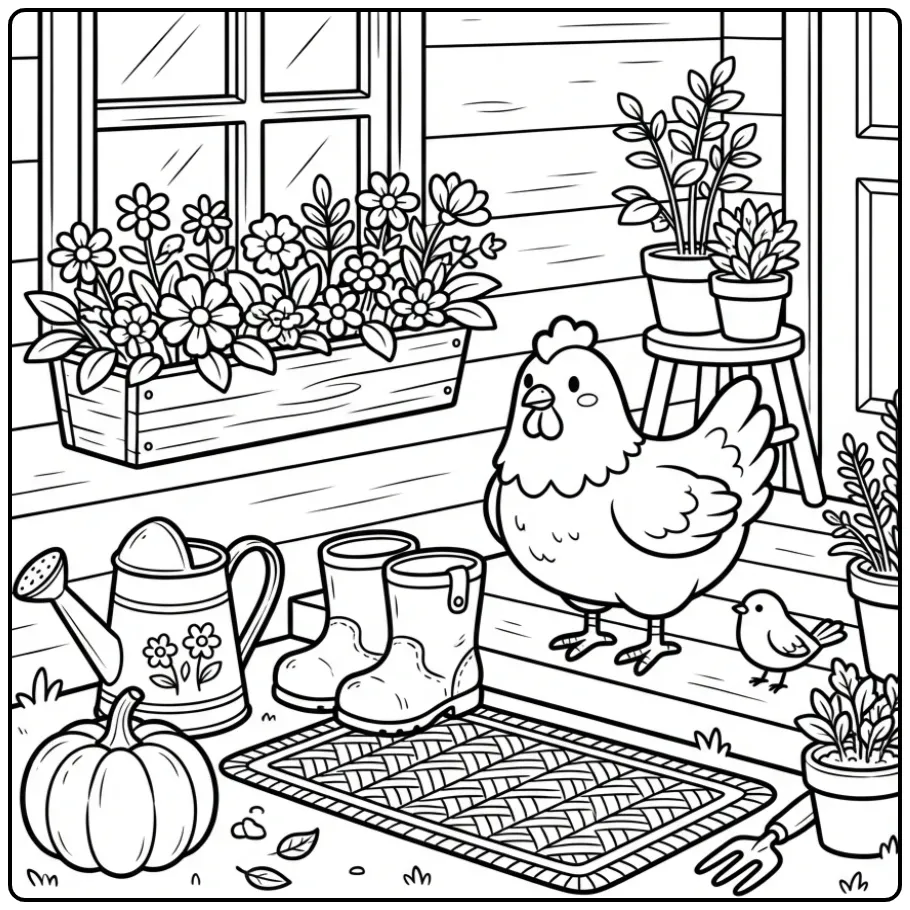 Chicken coloring page by a farmhouse door with boots