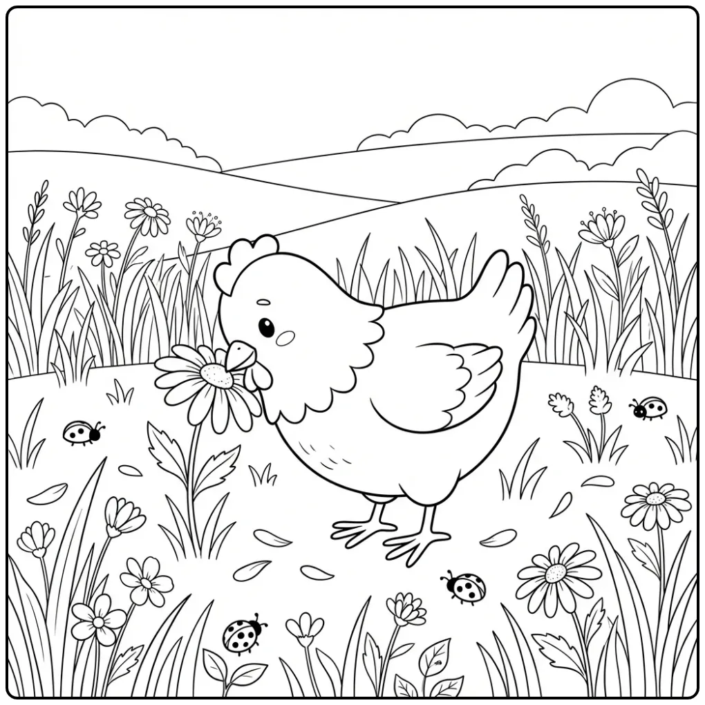 Chicken coloring page in a flower meadow with ladybugs