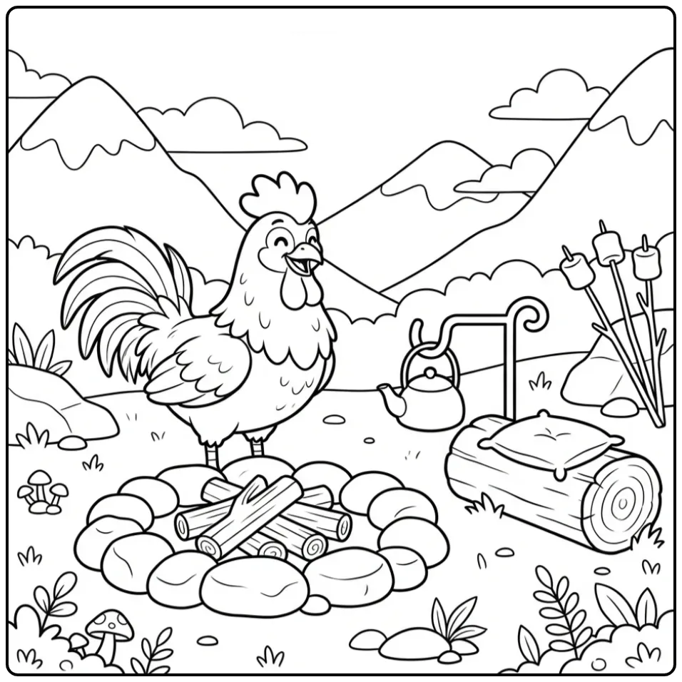 Rooster coloring page camping by a mountain campfire