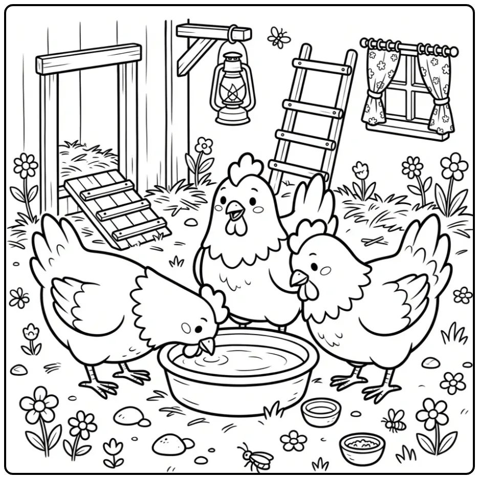 Chicken coloring page with three hens near a water bowl