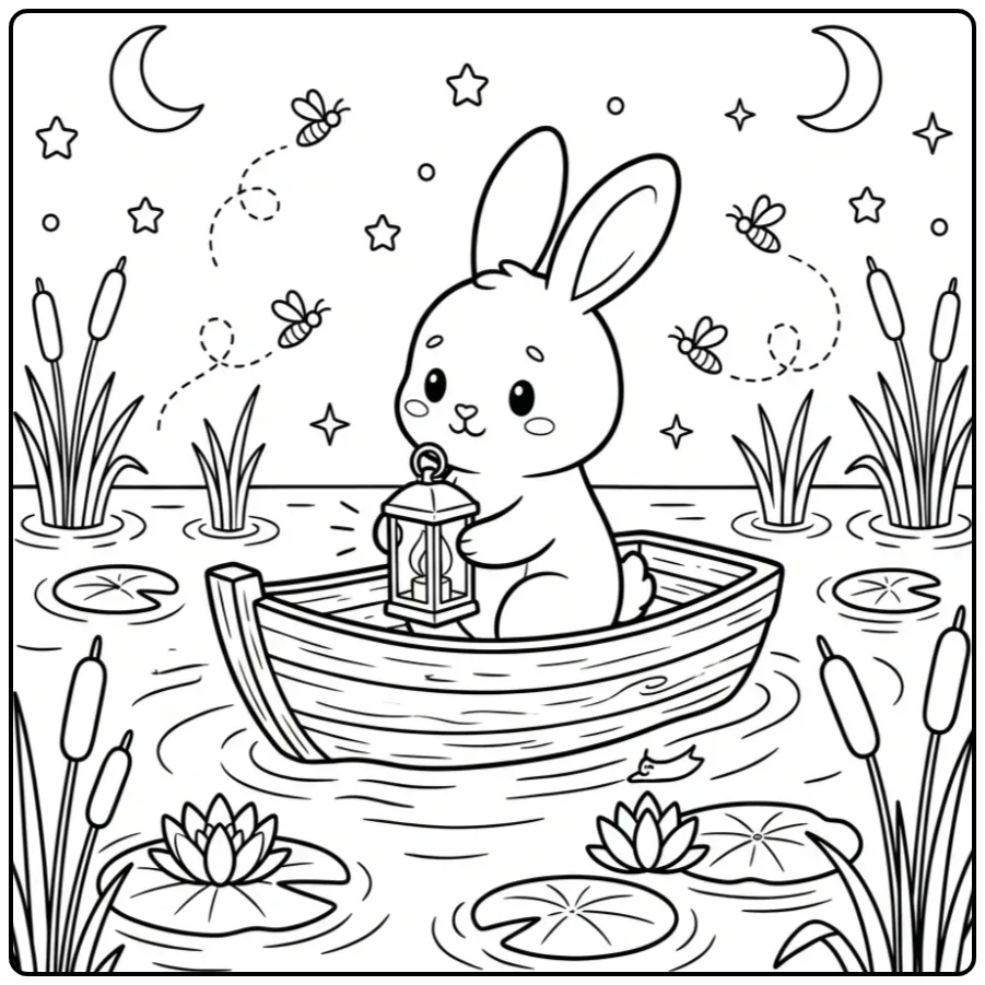 Cuddly rabbit coloring page sailing with a lantern
