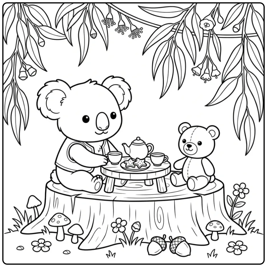 Cute koala bear coloring page at a tea party
