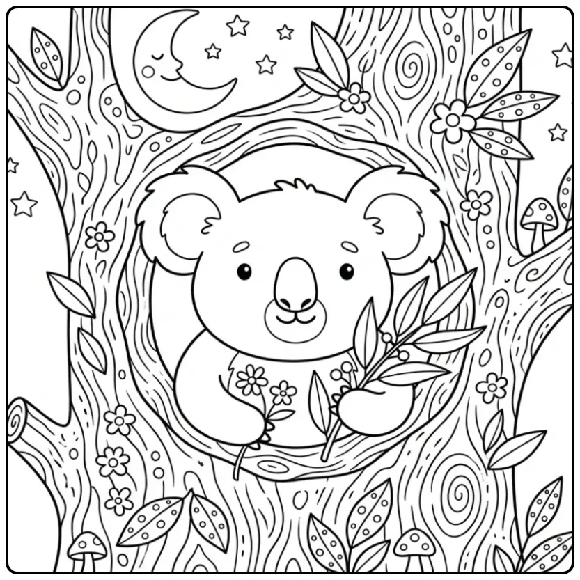 Koala bear coloring page in a hollow tree with the moon